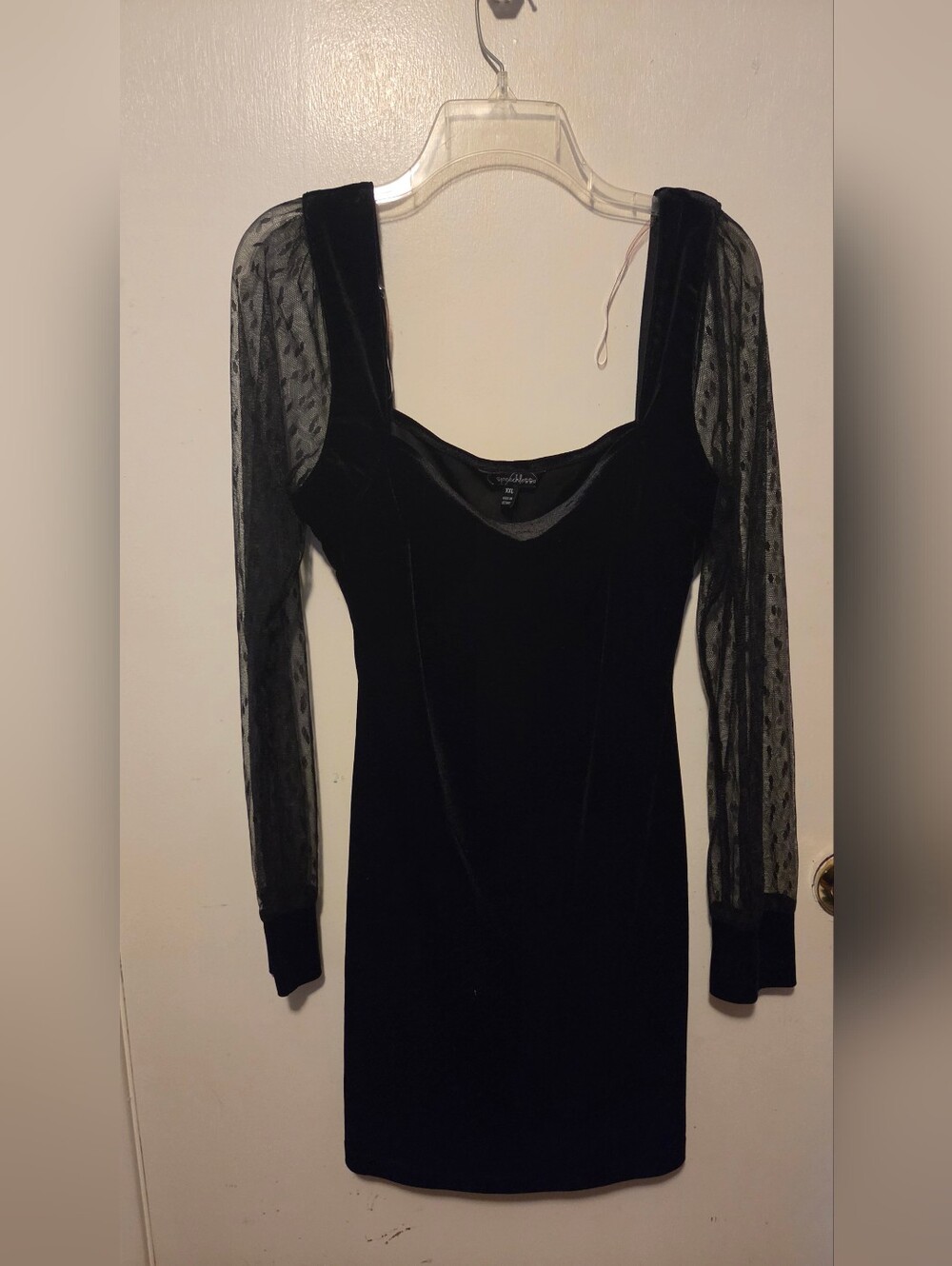 Black Velvet Dress with Sheer Dot Long Sleeves